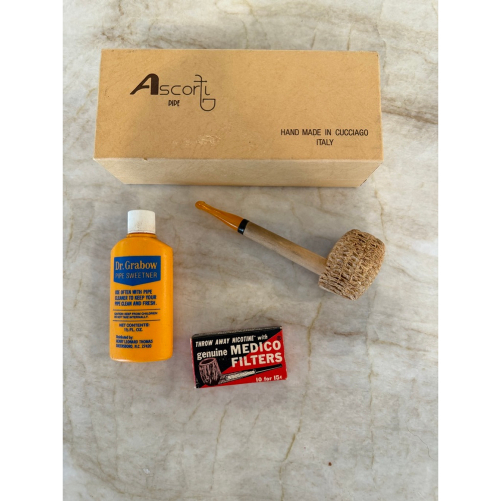 Vintage Ascorti Brown Corn Cob Pipe with Dr. Grabow Sweetener & Medico Filters